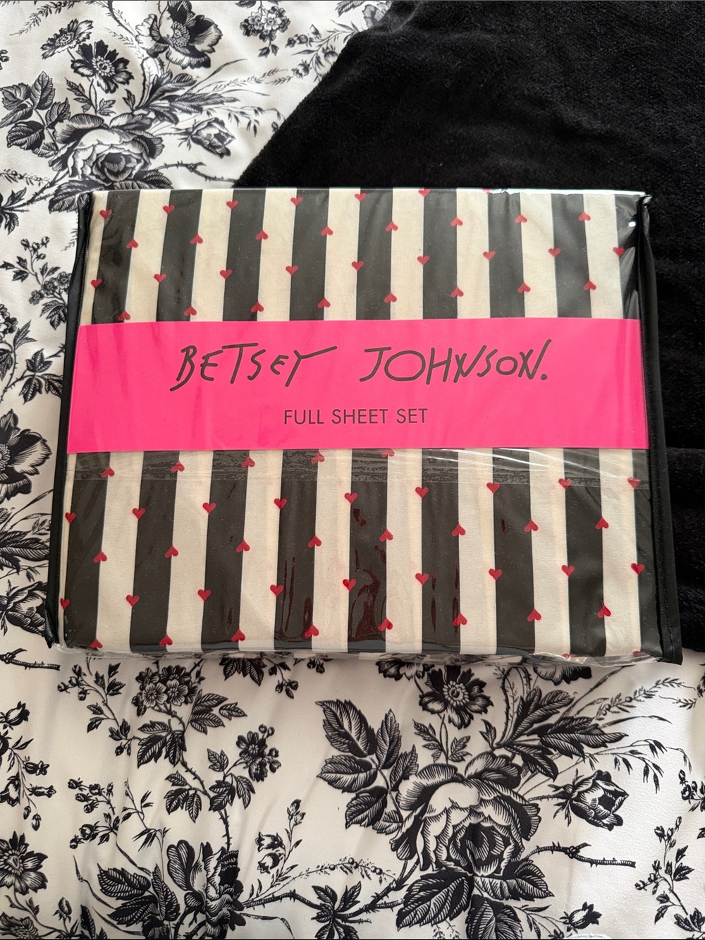 Betsey Johnson Black & White Stripe Sheet Set with Red Hearts